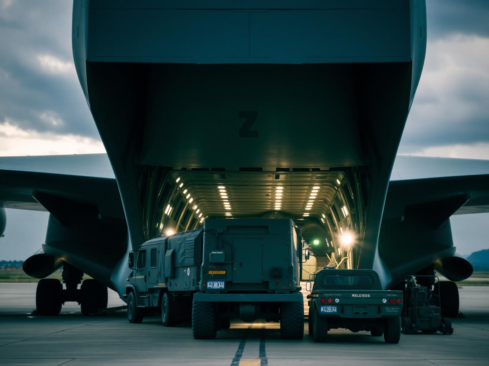 Military vehicles being loaded into a large military transport aircraft