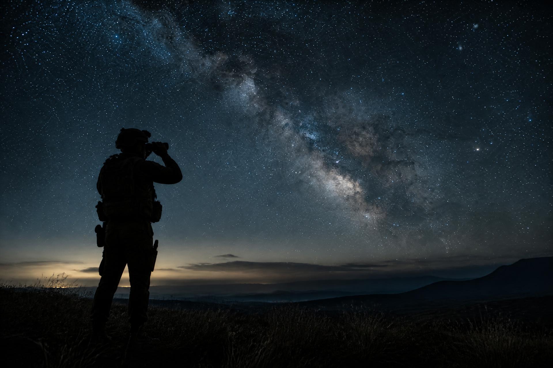 Soldier at night under the Milky Way