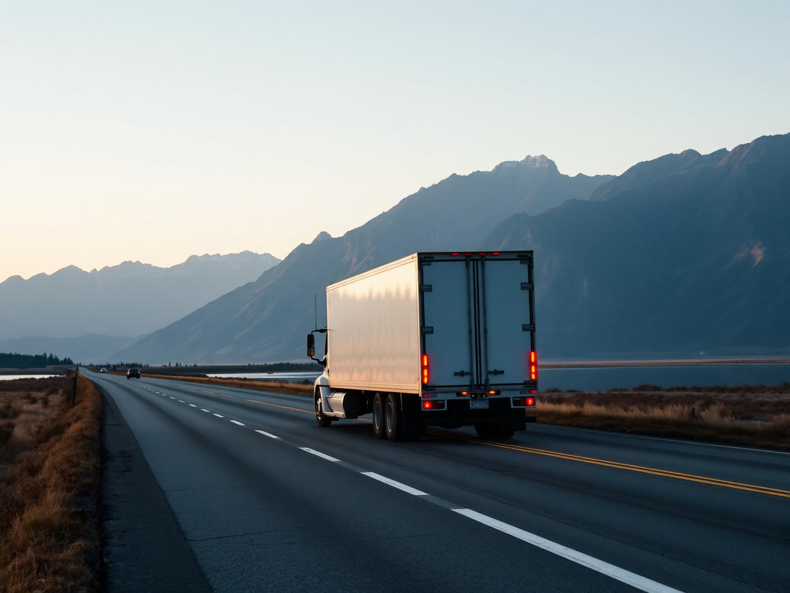 White semi-truck on a highway beside a lake and mountains at dawn